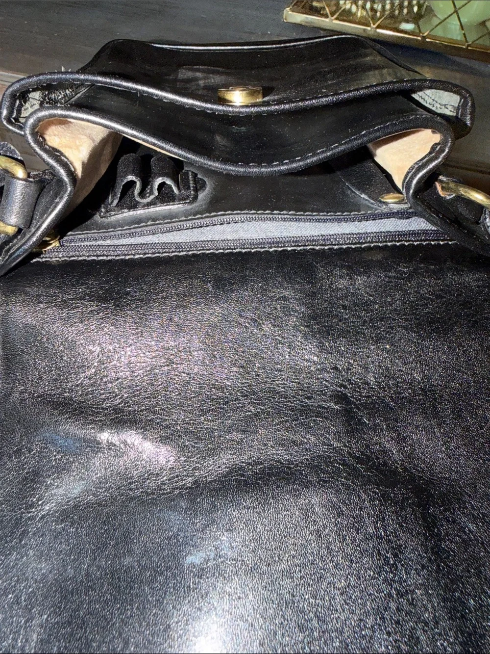Brahmin Black Leather Messenger Bag with Gold Medallion